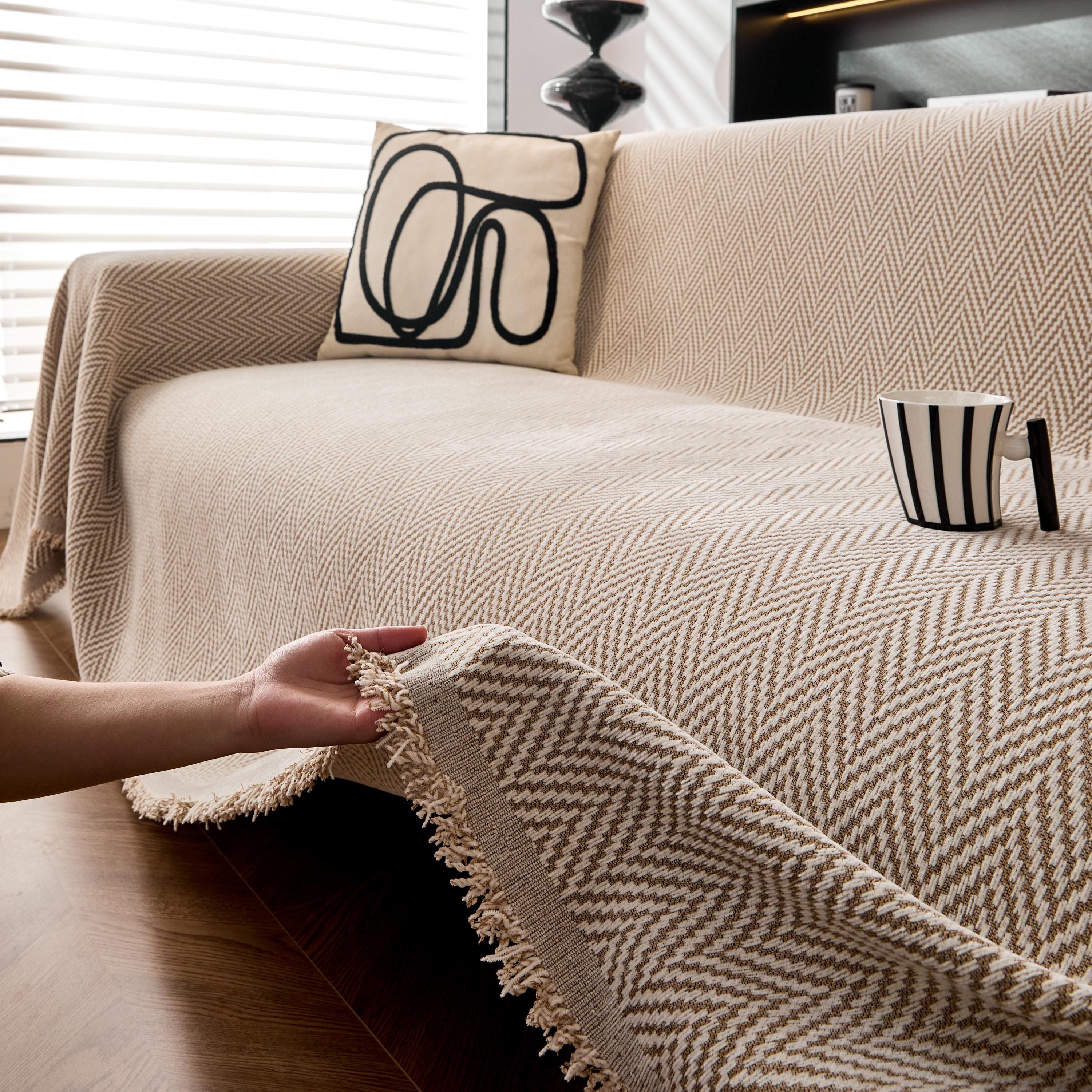 Vibrant Chevron Sofa Cover, Woven Herringbone Couch Throw, Boho Fringe Blanket, Geometric Slipcover for Instant Makeover