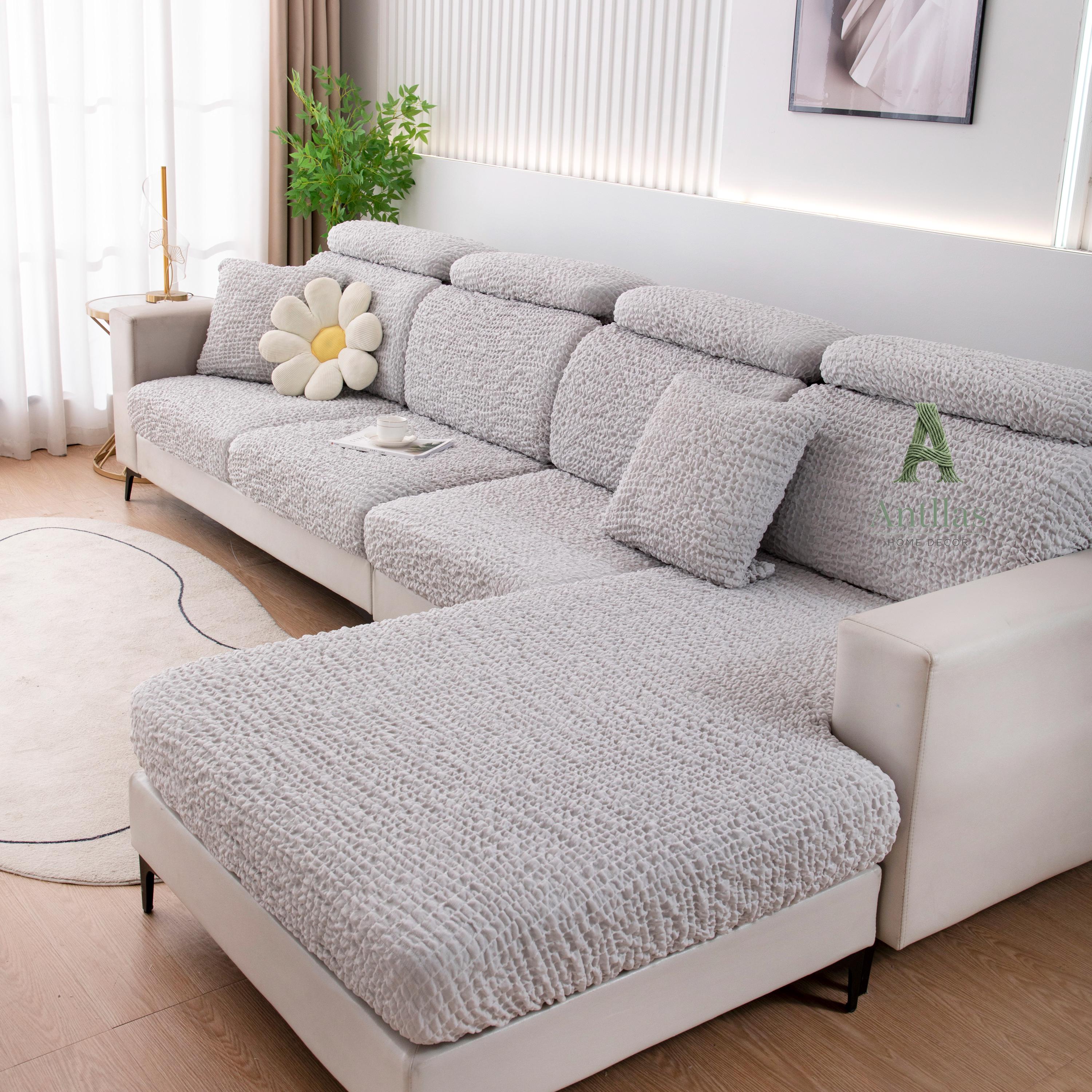 Vibrant Seersucker Sofa Cushion Cover, Stretchy Chaise Slipcover