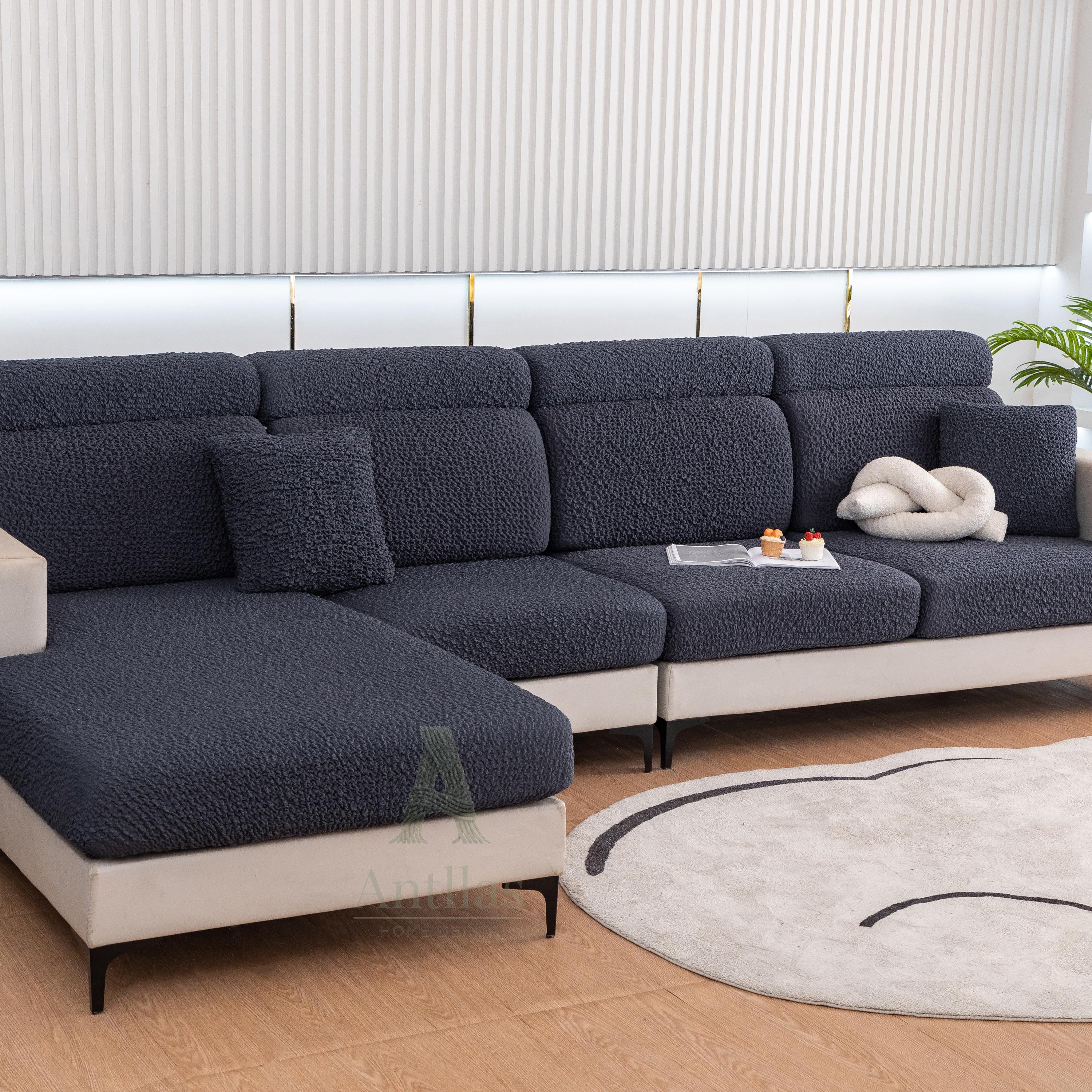 Vibrant Seersucker Sofa Cushion Cover, Stretchy Chaise Slipcover