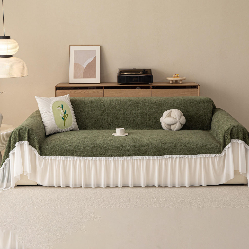 Vibrant Chenille Sofa Cover, Lace Ruffle Couch Throw, Skirted Slipcover for Instant Makeover