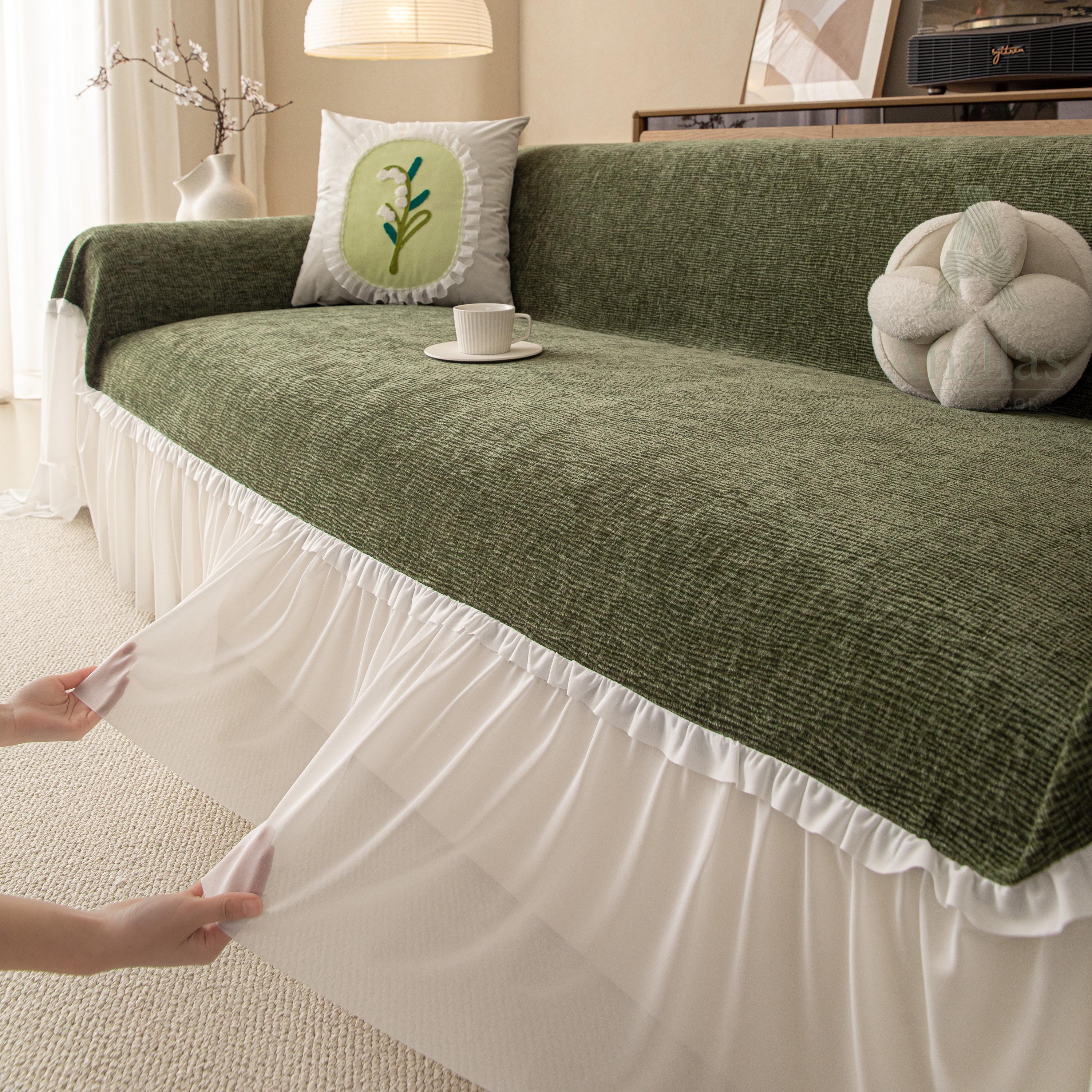 Vibrant Chenille Sofa Cover, Lace Ruffle Couch Throw, Skirted Slipcover for Instant Makeover