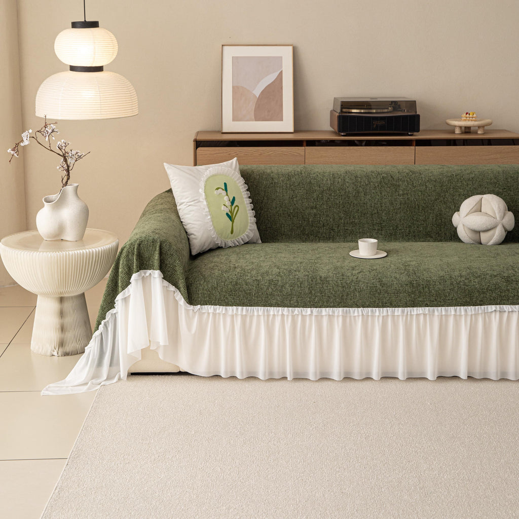 Vibrant Chenille Sofa Cover, Lace Ruffle Couch Throw, Skirted Slipcover for Instant Makeover