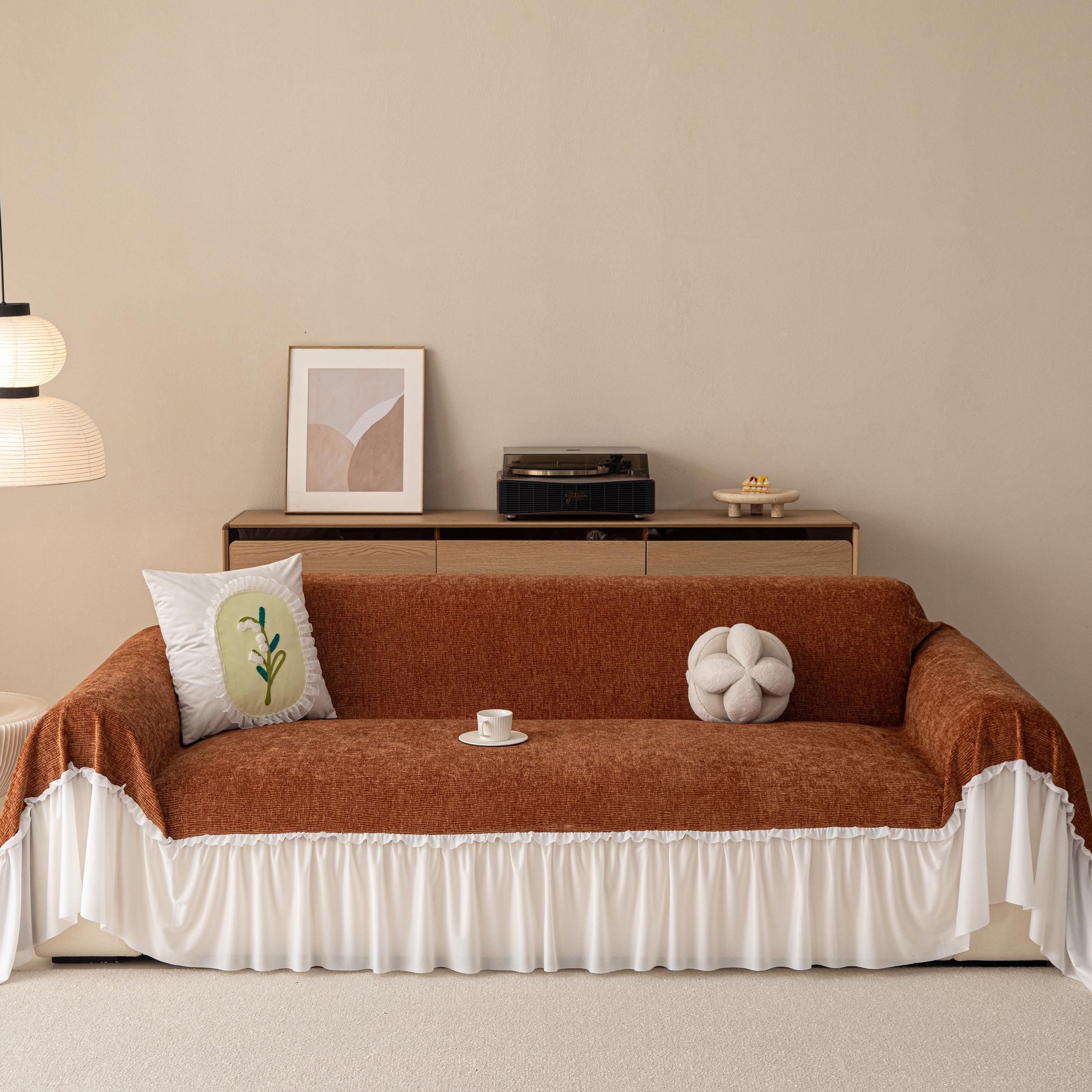Vibrant Chenille Sofa Cover, Lace Ruffle Couch Throw, Skirted Slipcover for Instant Makeover