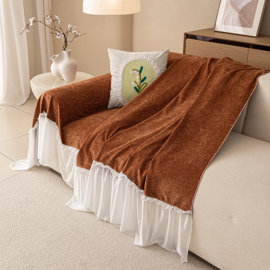 Vibrant Chenille Sofa Cover, Lace Ruffle Couch Throw, Skirted Slipcover for Instant Makeover