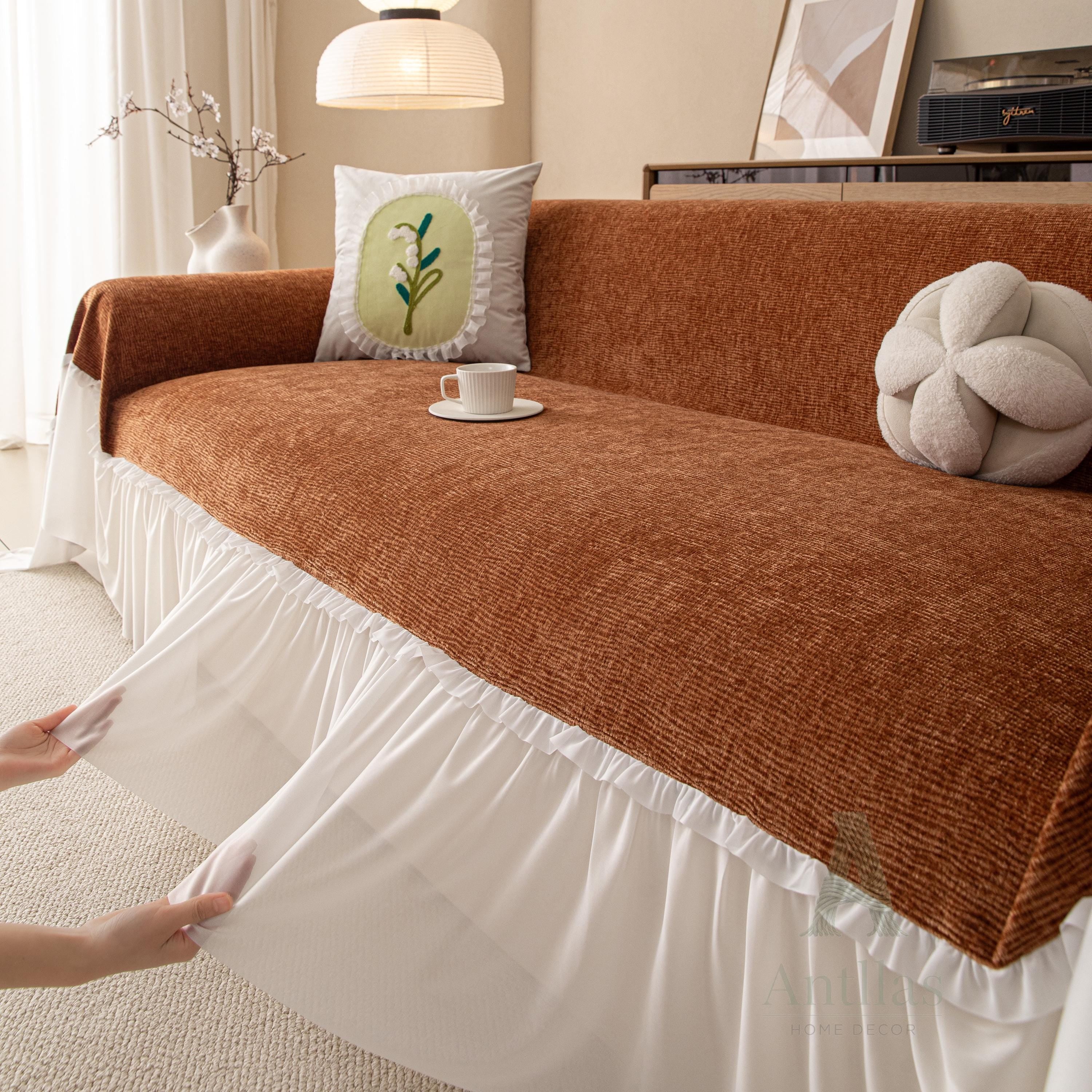 Vibrant Chenille Sofa Cover, Lace Ruffle Couch Throw, Skirted Slipcover for Instant Makeover