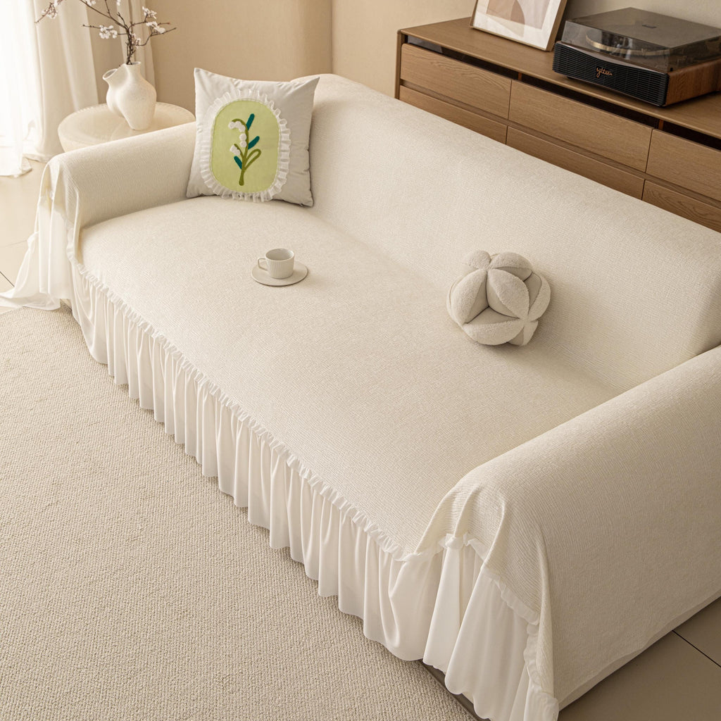 Vibrant Chenille Sofa Cover, Lace Ruffle Couch Throw, Skirted Slipcover for Instant Makeover