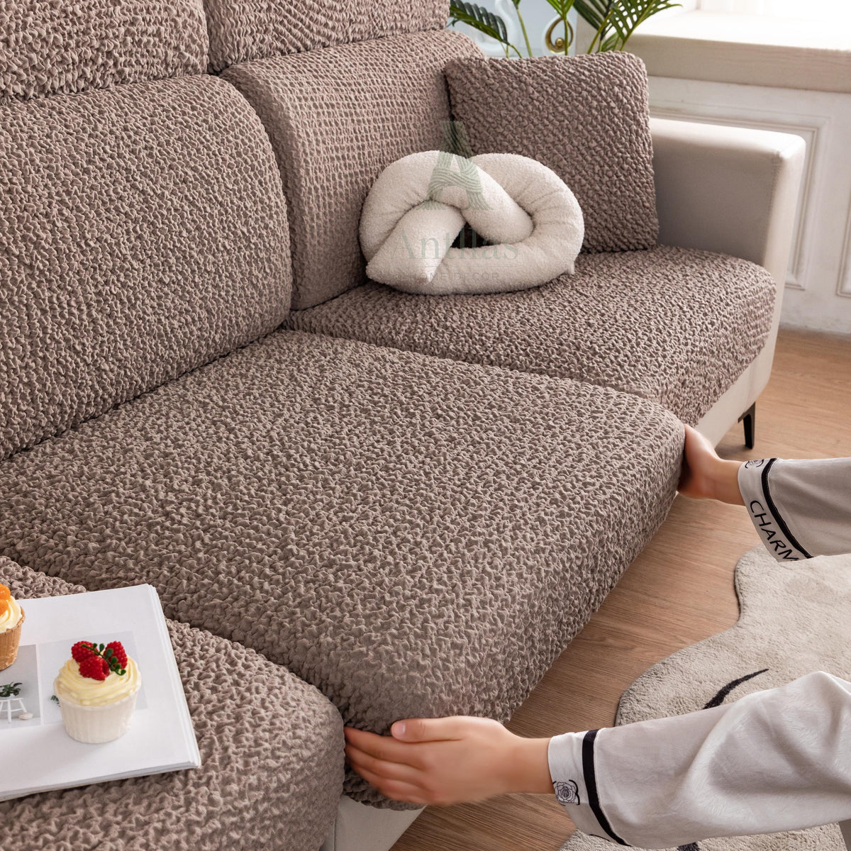 Vibrant Seersucker Sofa Cushion Cover, Stretchy Chaise Slipcover