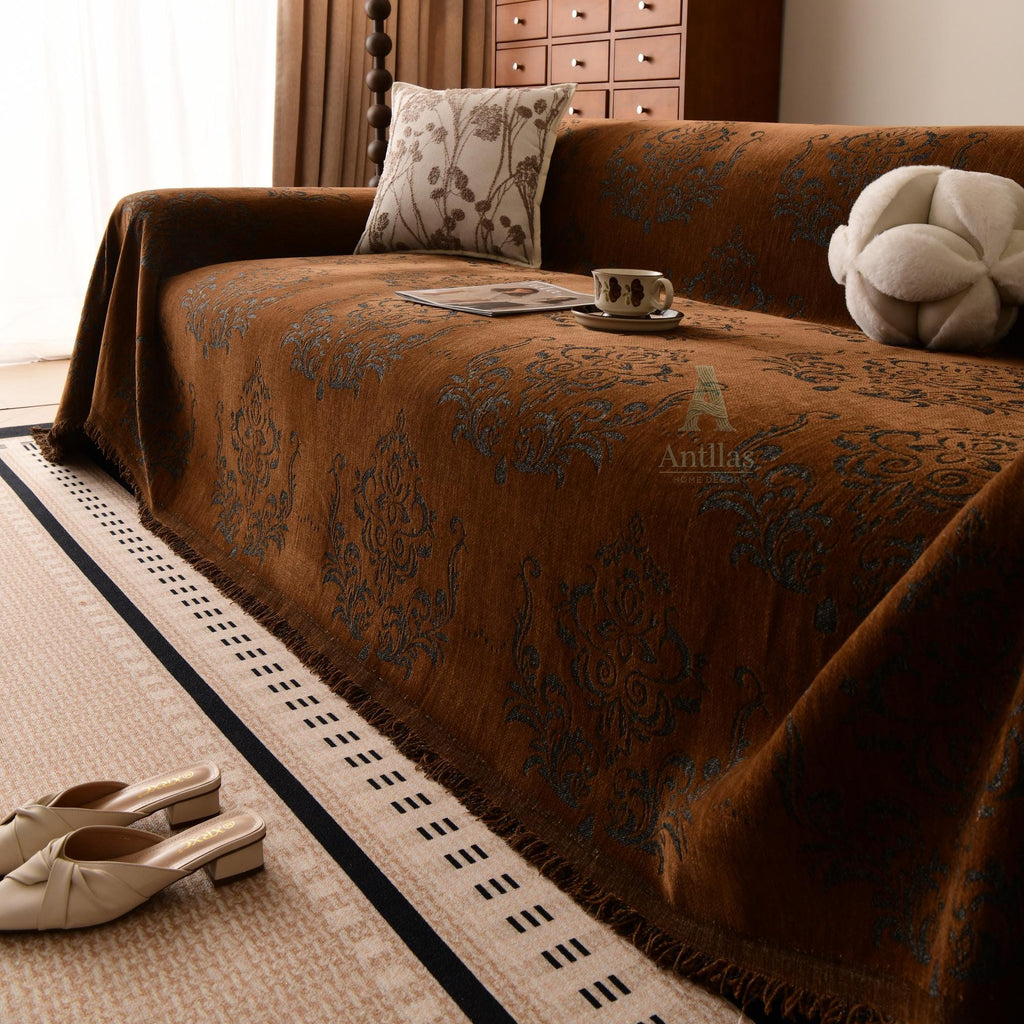 Vintage Totem Sofa Cover, Double Sided Couch Throw, Fringe Sofa Blanket, Beige Brown Green Living Room Decor