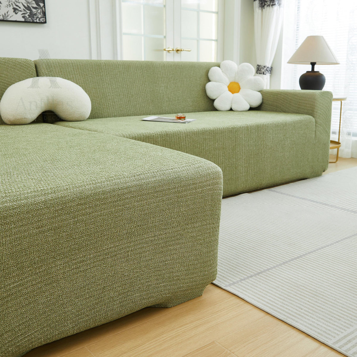 Modular L Shaped Sofa Cover, Chenille Linen Look Stretch Sectional Throw for Dopamine Living Room