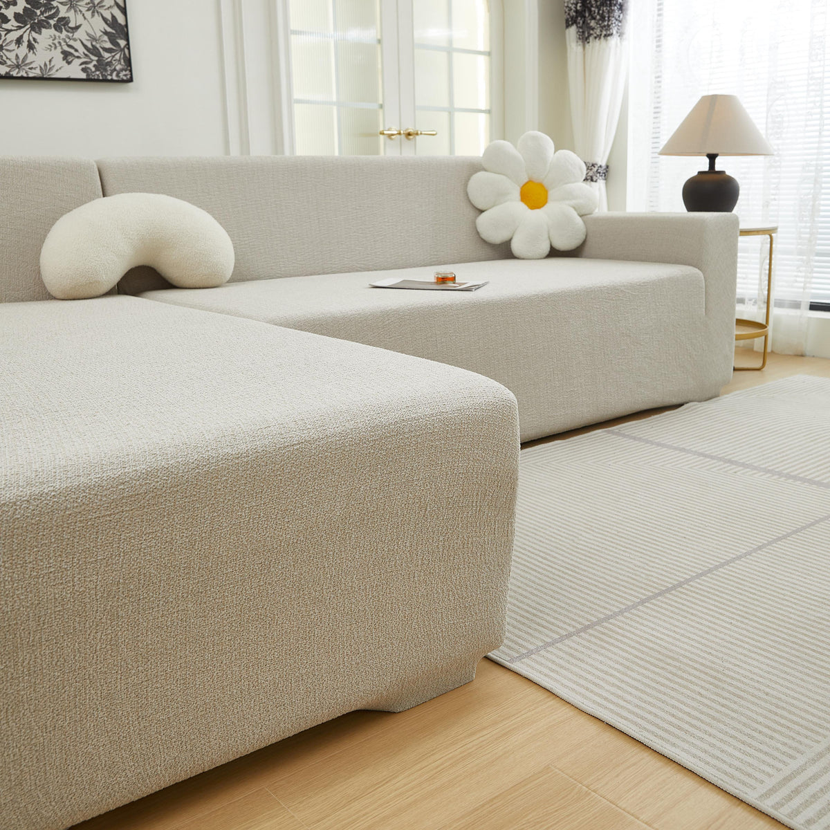 Modular L Shaped Sofa Cover, Chenille Linen Look Stretch Sectional Throw for Dopamine Living Room
