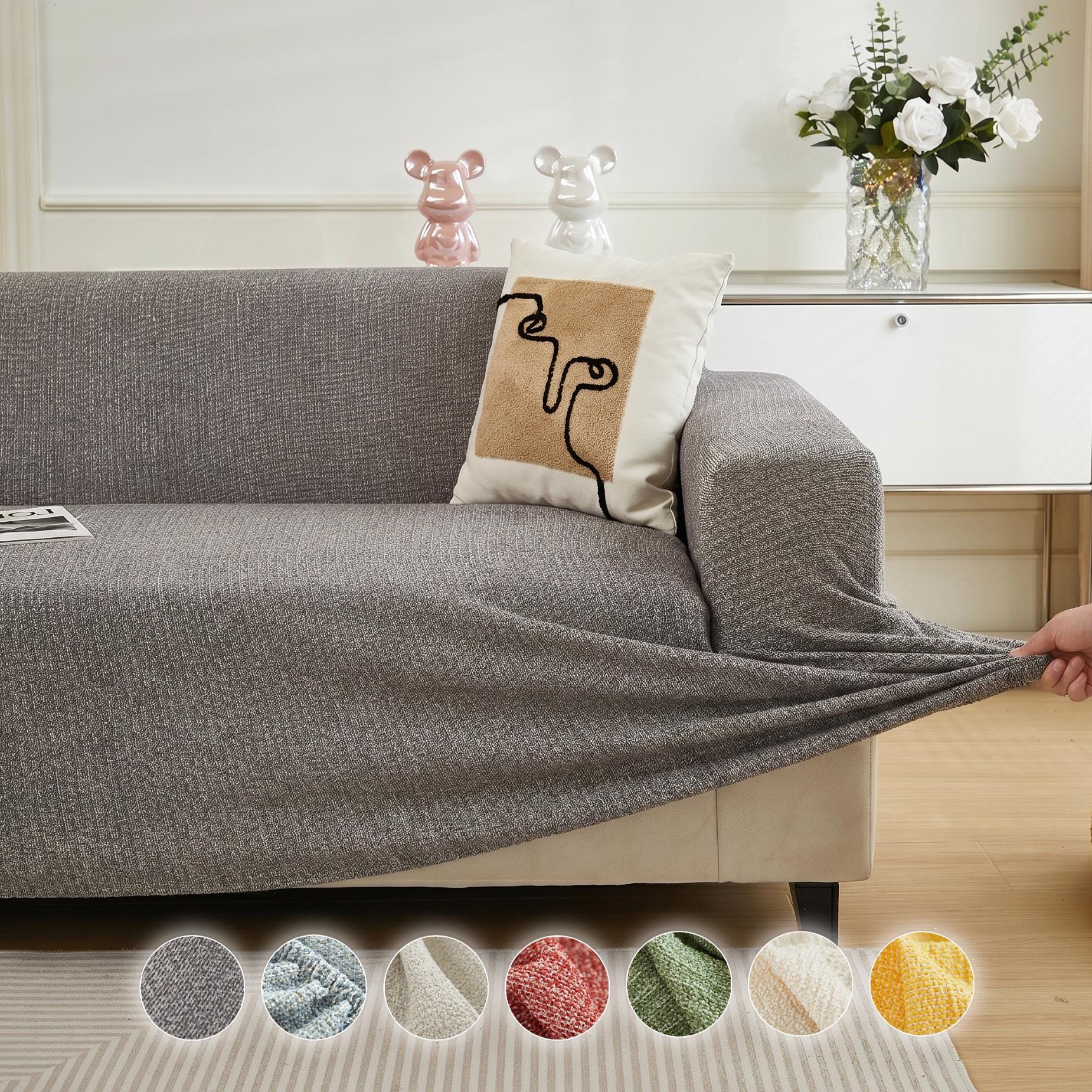 Chenille Sofa Cover, Linen Look Stretch Couch Cover, Full Wrap Sofa Protector for Modern Living Room