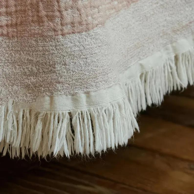 Oversized Linen Cotton Bed Throw: Jacquard Woven Frayed Blanket (245x250cm)
