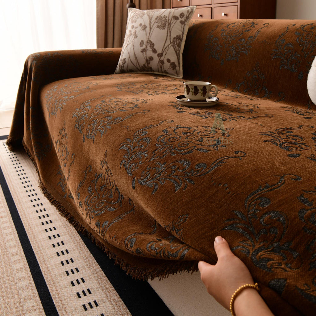 Vintage Totem Sofa Cover, Double Sided Couch Throw, Fringe Sofa Blanket, Beige Brown Green Living Room Decor