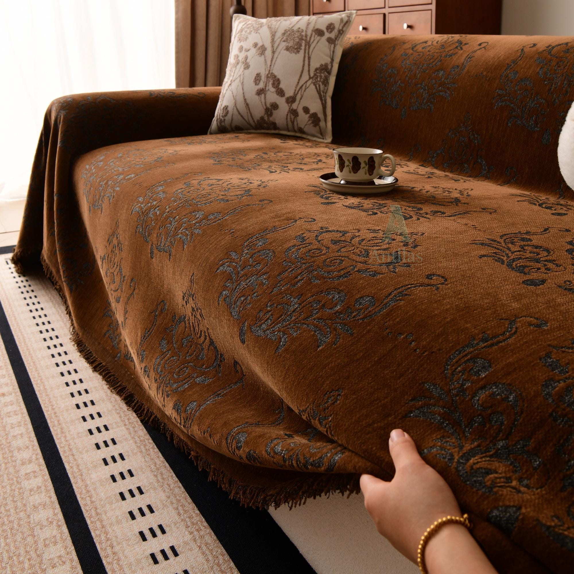 Vintage Totem Sofa Cover, Double Sided Couch Throw, Fringe Sofa Blanket, Beige Brown Green Living Room Decor