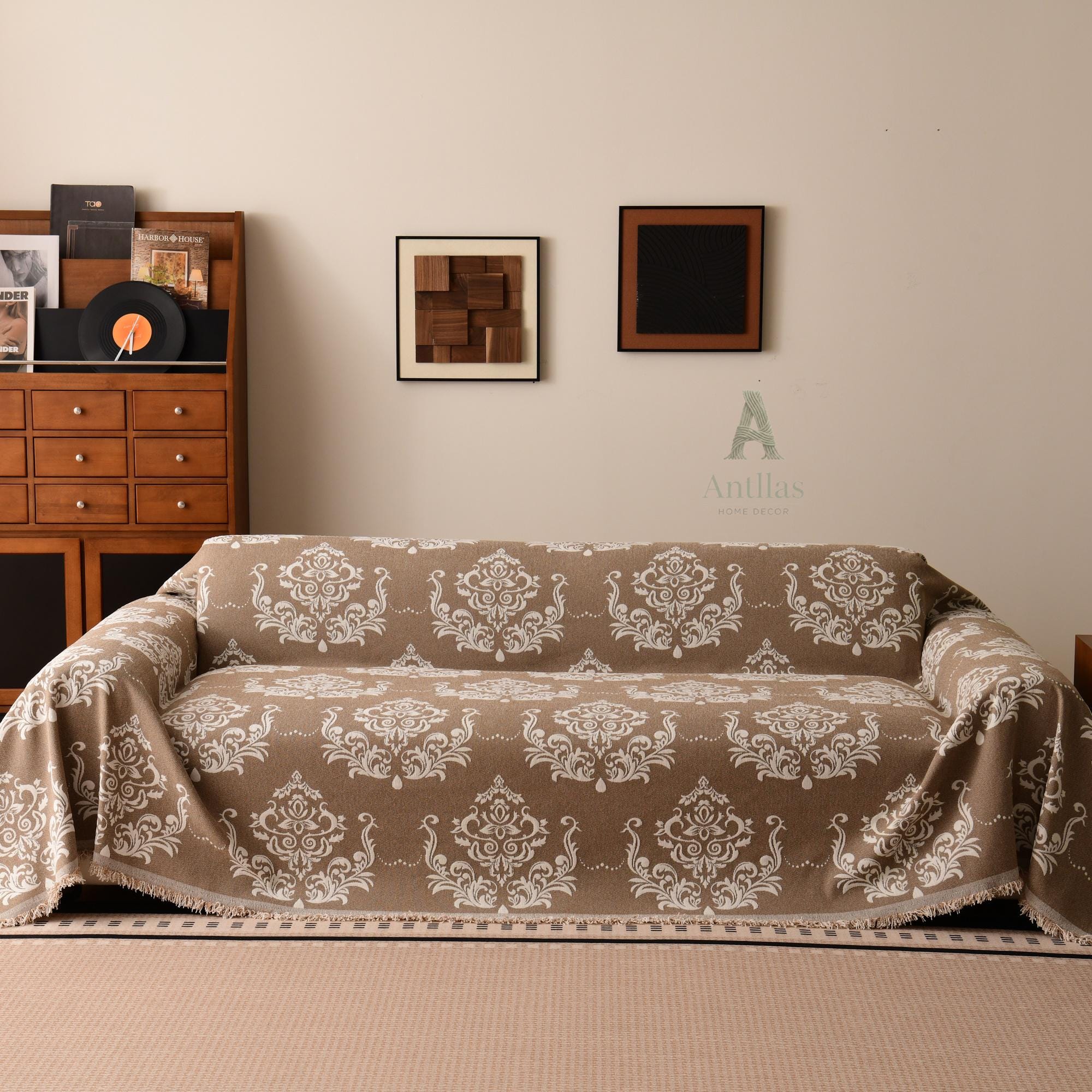 Vintage Totem Sofa Cover, Double Sided Couch Throw, Fringe Sofa Blanket, Beige Brown Green Living Room Decor