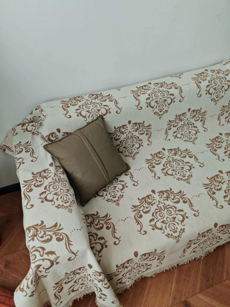 Vintage Totem Sofa Cover, Double Sided Couch Throw, Fringe Sofa Blanket, Beige Brown Green Living Room Decor