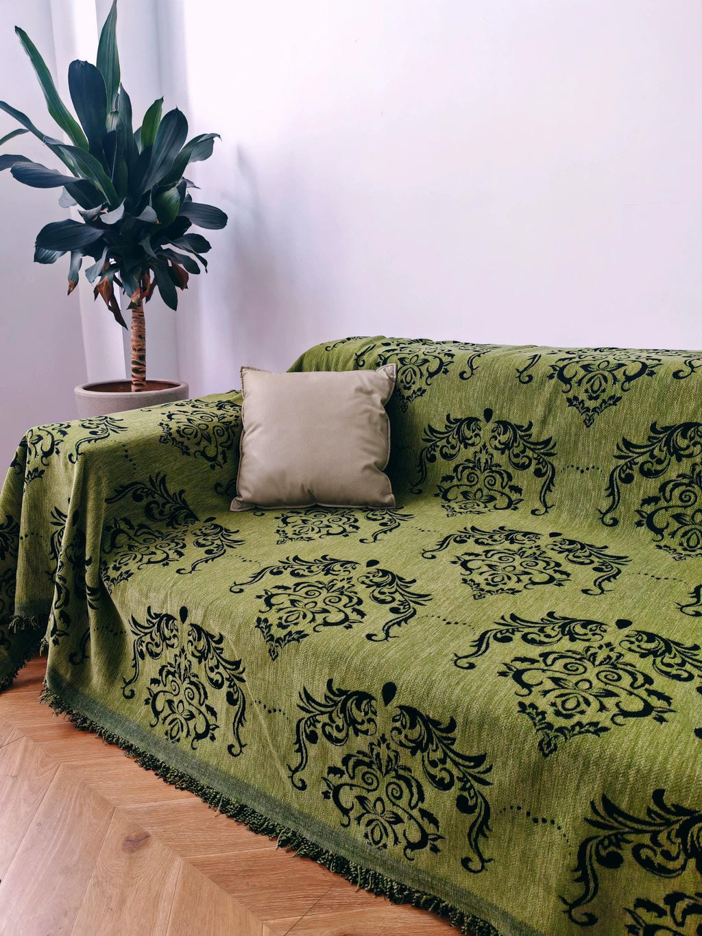 Vintage Totem Sofa Cover, Double Sided Couch Throw, Fringe Sofa Blanket, Beige Brown Green Living Room Decor