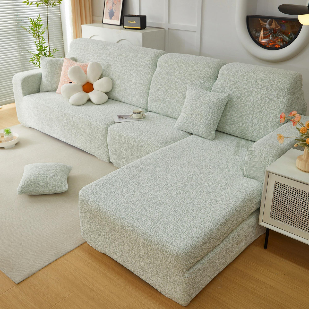Chenille Sofa Cover, Stretch Sectional Slipcover, Full Wrap Couch Protector for L Shaped Sofa, Colorful Room Decor