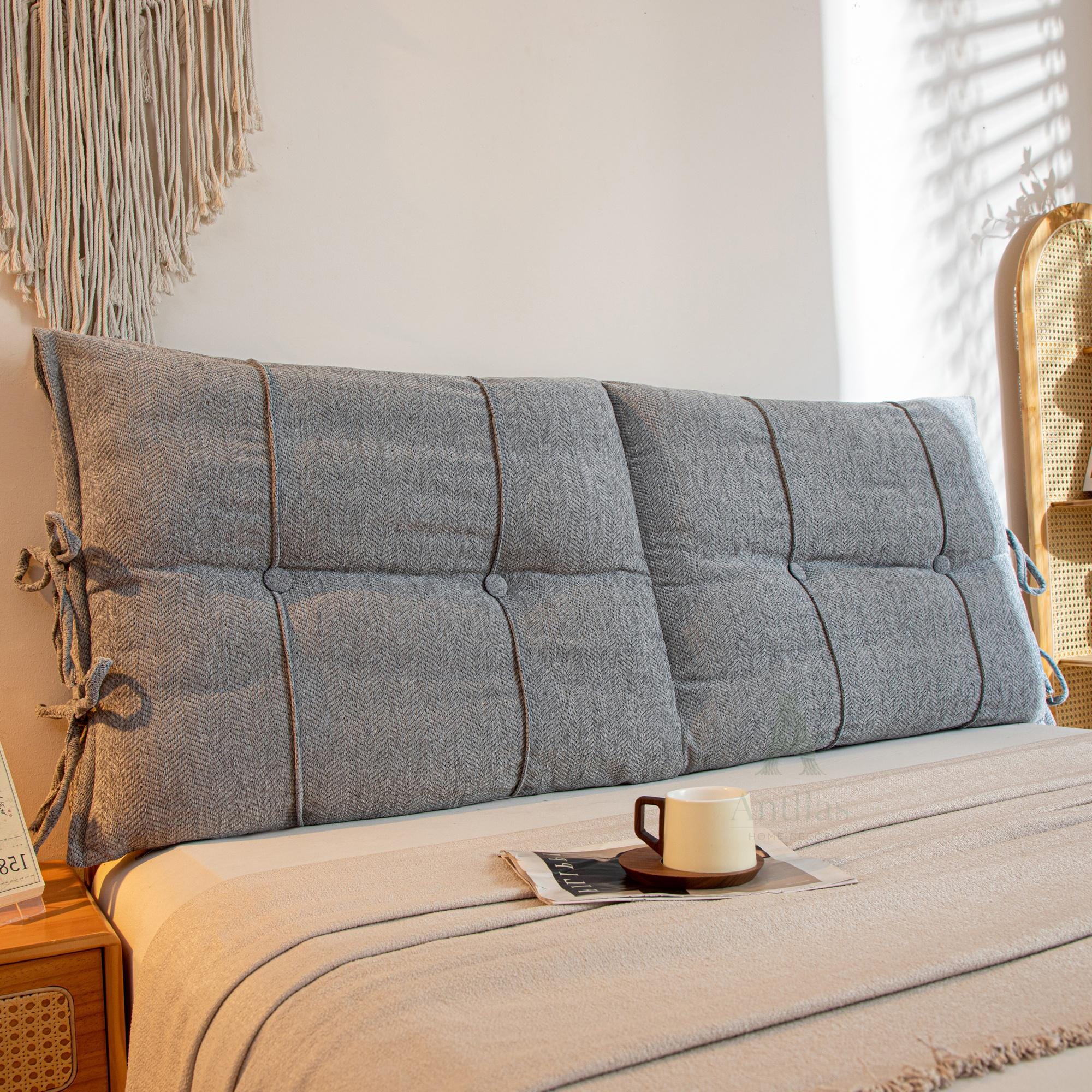 Chenille Headboard Cushion, Soft Bed Backrest, Anti-Collision Reading Pillow, Removable Upholstered Wall Bumper with Ties