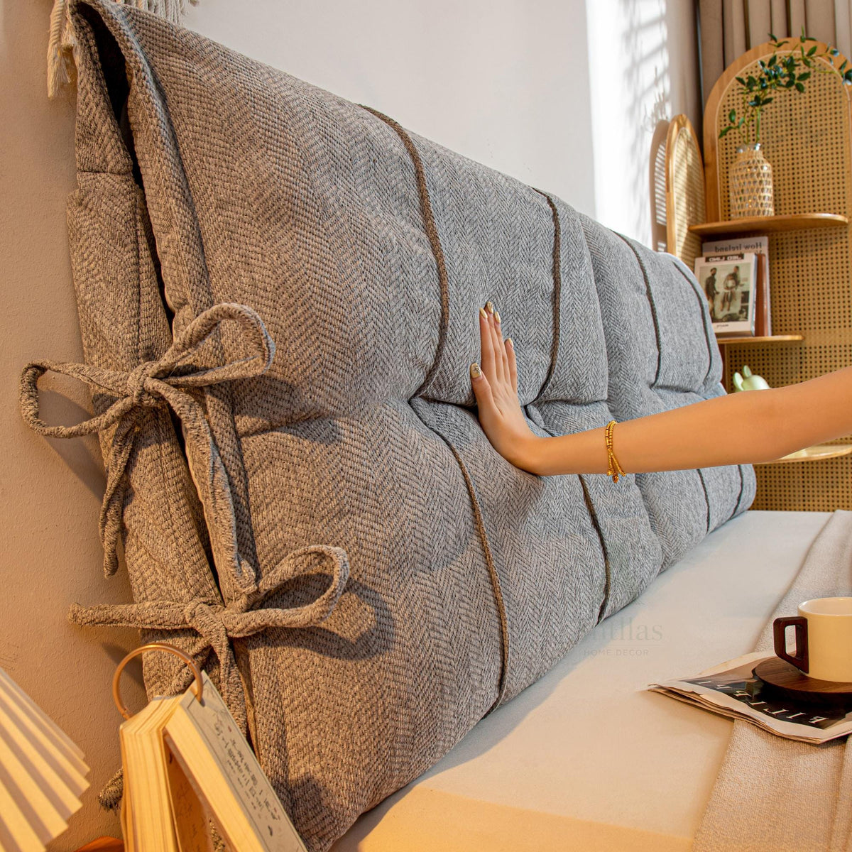 Chenille Headboard Cushion, Soft Bed Backrest, Anti-Collision Reading Pillow, Removable Upholstered Wall Bumper with Ties