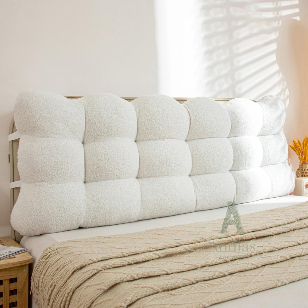 Teddy Fleece Headboard Cushion, Fluffy Tufted Reading Pillow, Anti-Collision Bed Bumper, Upholstered Boucle Backrest, Cozy Bedroom Decor