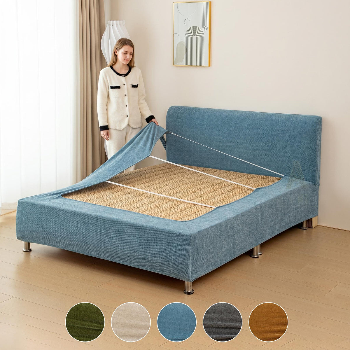 Pet Friendly Bed Base Cover & Headboard Slipcover Set, Scratch Resistant Box Spring Wrap, Stretch Bed Frame Protector