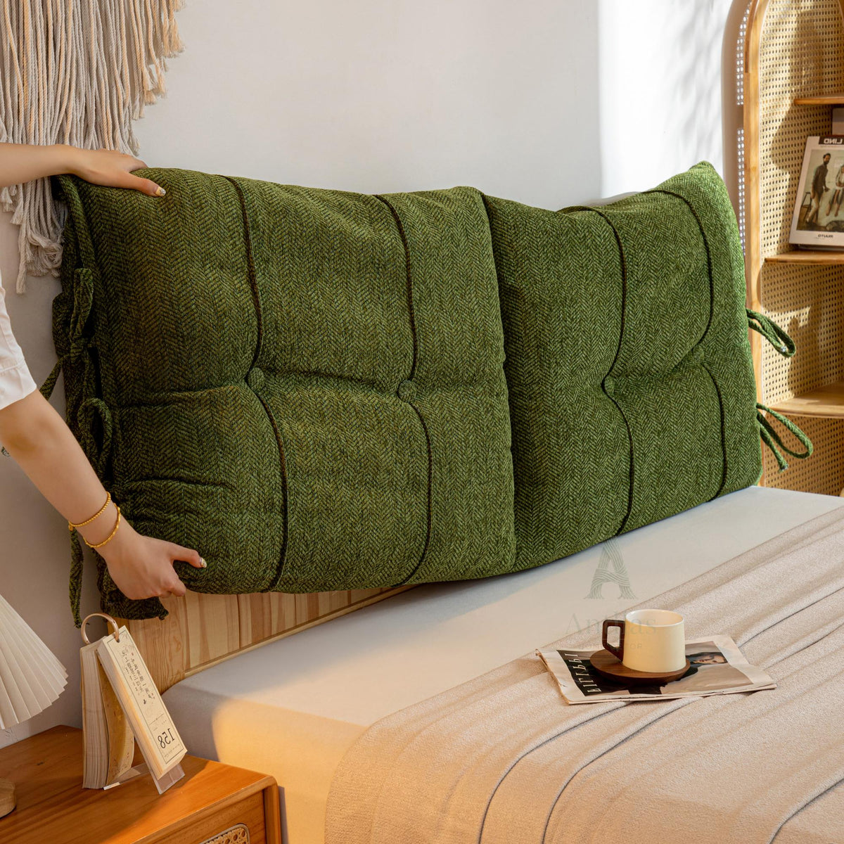 Chenille Headboard Cushion, Soft Bed Backrest, Anti-Collision Reading Pillow, Removable Upholstered Wall Bumper with Ties