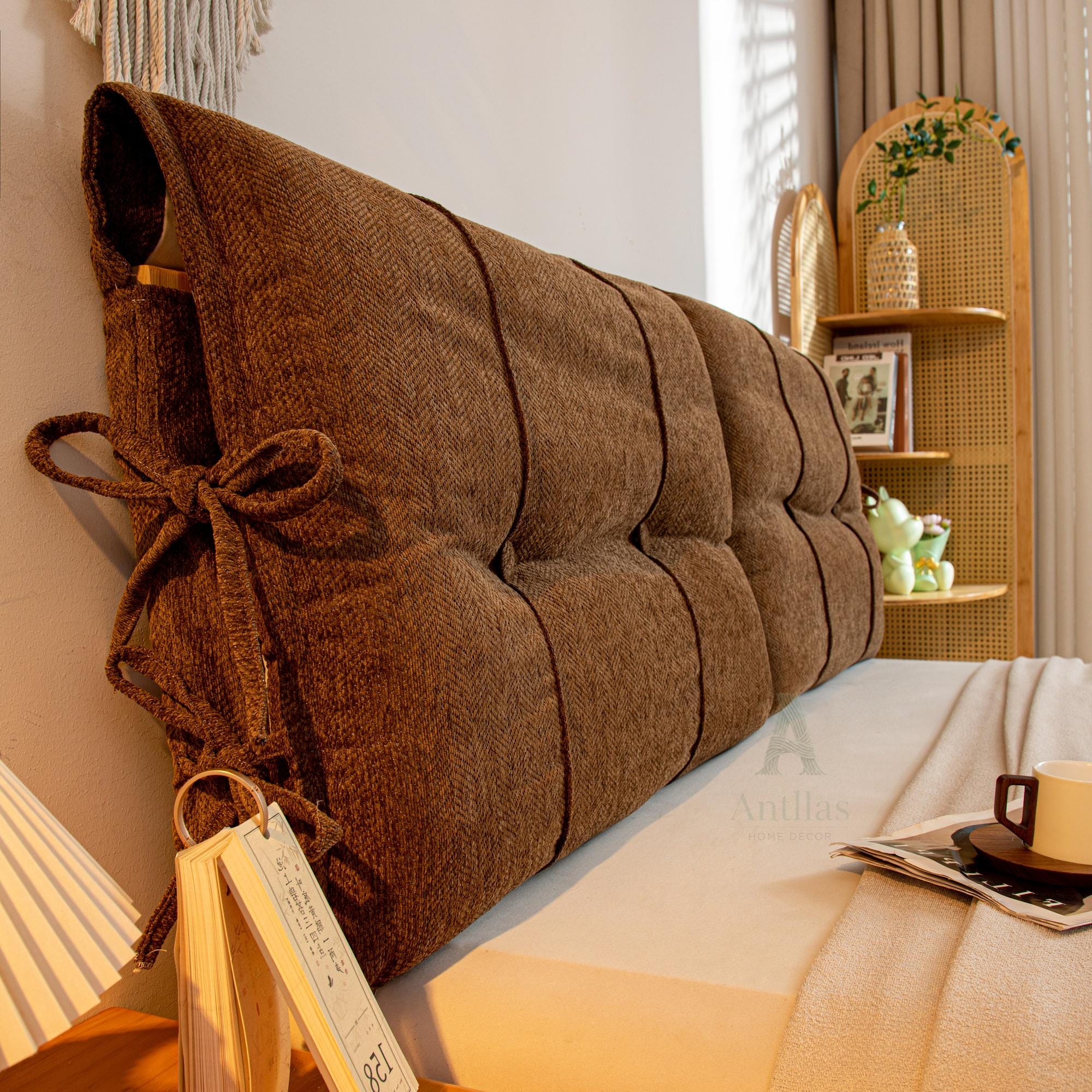 Chenille Headboard Cushion, Soft Bed Backrest, Anti-Collision Reading Pillow, Removable Upholstered Wall Bumper with Ties