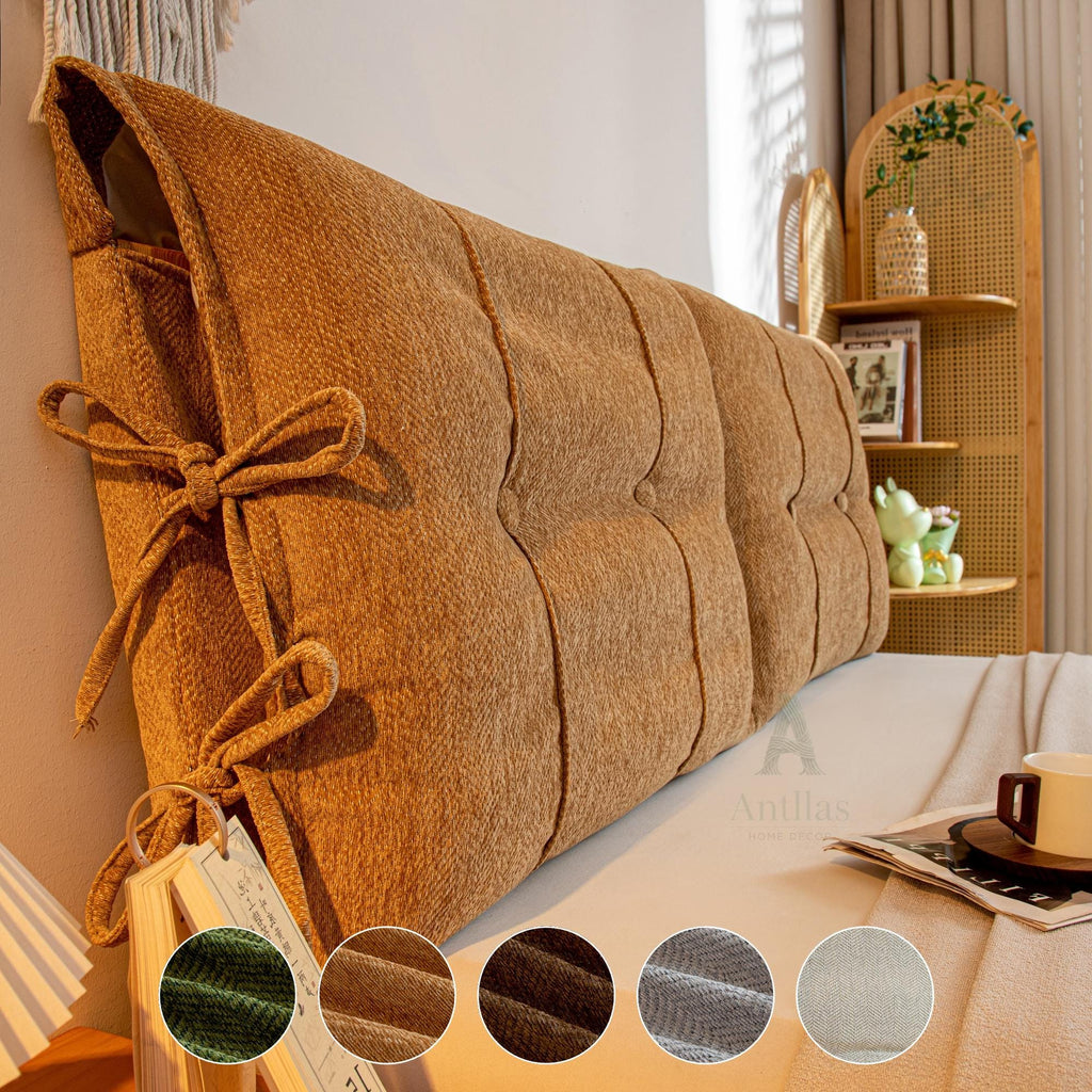 Chenille Headboard Cushion, Soft Bed Backrest, Anti-Collision Reading Pillow, Removable Upholstered Wall Bumper with Ties
