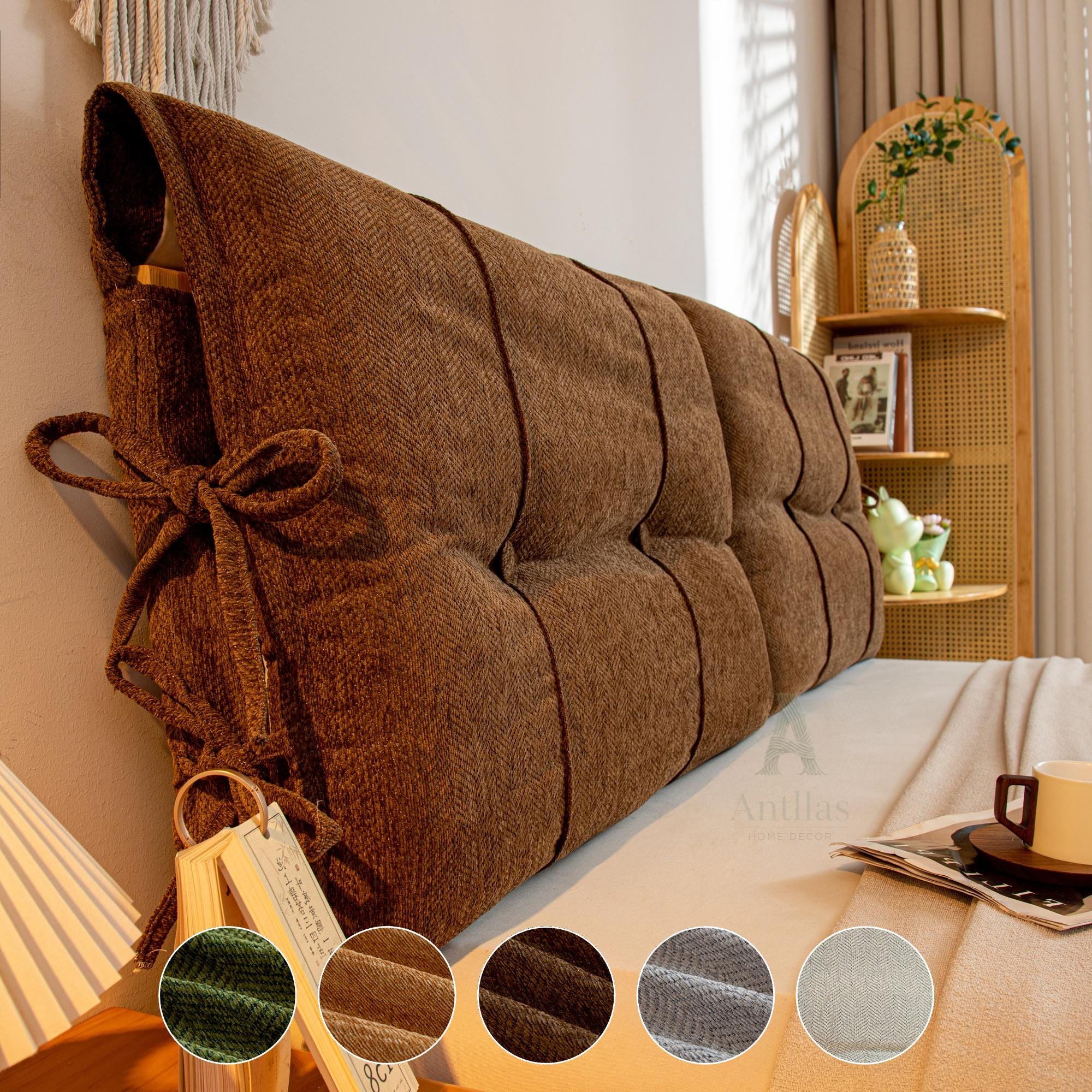 Chenille Headboard Cushion, Soft Bed Backrest, Anti-Collision Reading Pillow, Removable Upholstered Wall Bumper with Ties