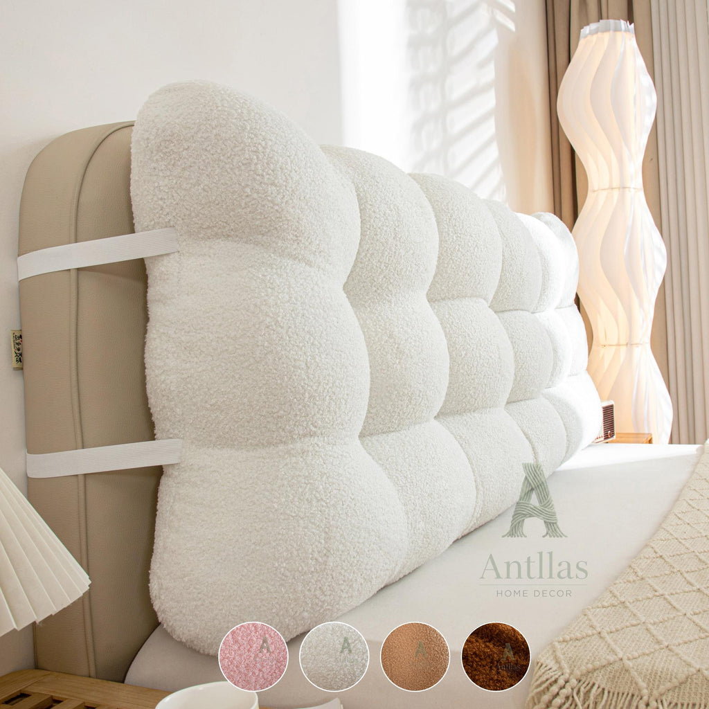 Teddy Fleece Headboard Cushion, Fluffy Tufted Reading Pillow, Anti-Collision Bed Bumper, Upholstered Boucle Backrest, Cozy Bedroom Decor
