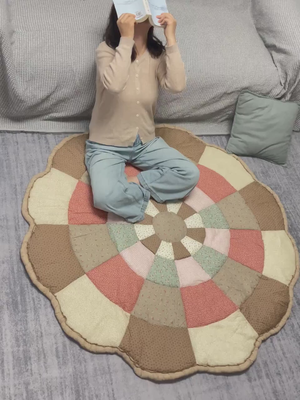 Large Round Patchwork Floor Cushion, Quilted Cotton Play Mat, 59"