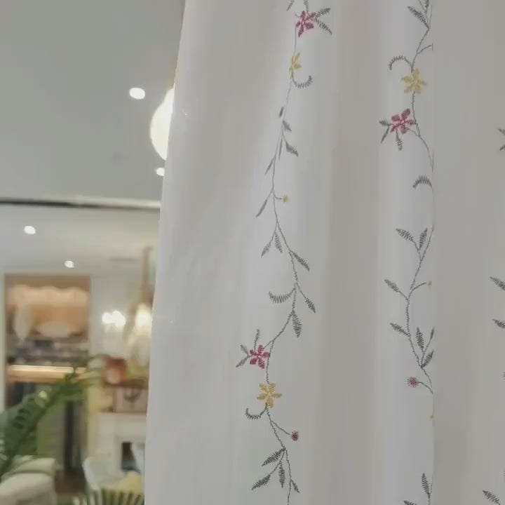 French Country Floral Cafe Curtain: Pom Pom Trim, Width 140cm (55")，Height 40-260cm (16-102")