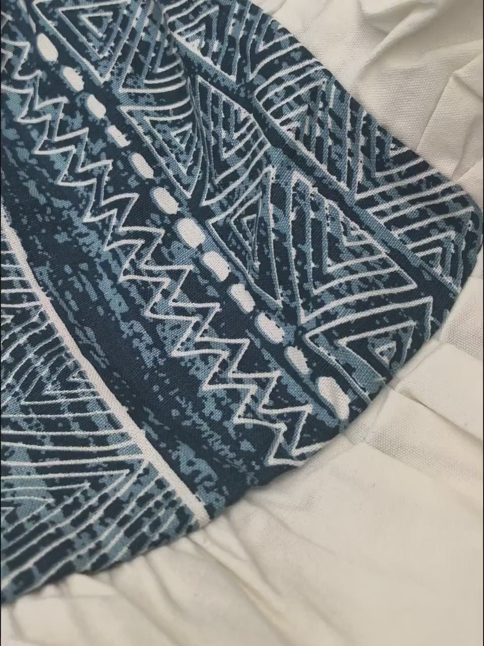 Boho Indigo Geometric Sofa Cover: Cotton Linen, Ruffle Edge